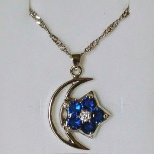 18k White Gold Navy Blue Sapphire Star & Cresent Moon Silver Pendant Necklace